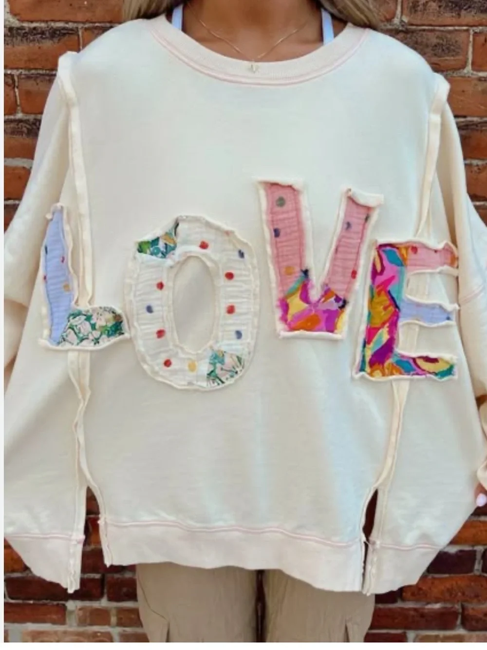 Easel Washed LOVE Patch Terry Knit Pullover- SIZE L